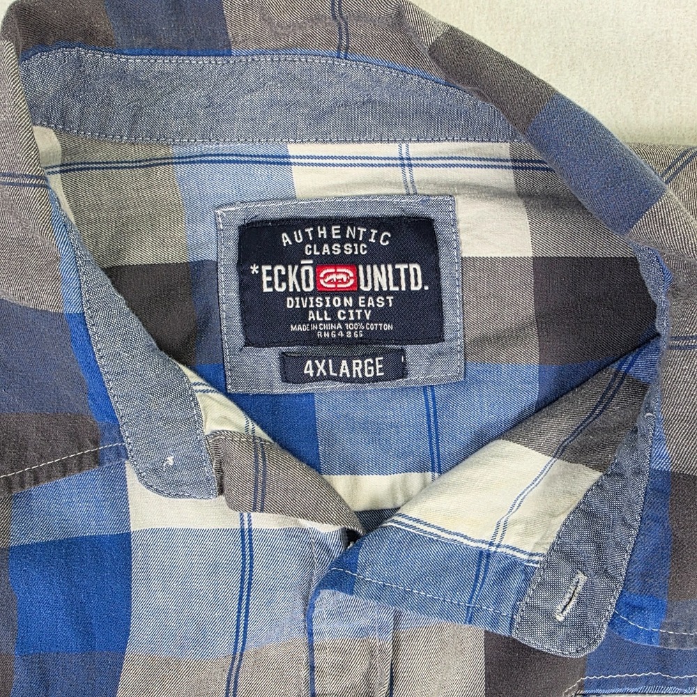 Ecko Unltd 4XL Plaid Button Up Shirt Blue Gray Short Sleeve ‎ Streetwear - Picture 3 of 9